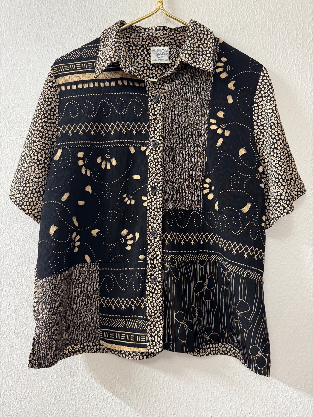 Allison Daley Black and Tan Patchwork Short Sleeve Blouse